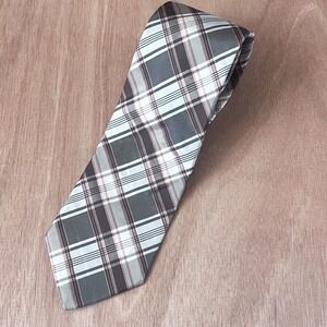 Ted Baker London 100% silk plaid men's tie gray tan‎ checkered 3.5"x58"